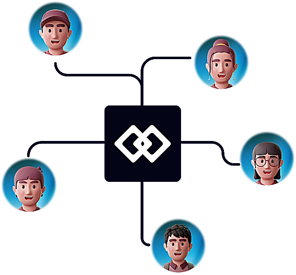 A central black square logo icon linking five unique 3D avatar characters together in a connected capital network.