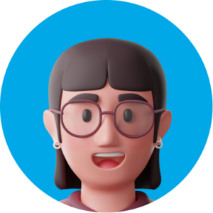 A 3D cartoon avatar of a smiling woman with dark hair, glasses, and earrings on a blue circle backdrop.
