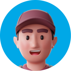 A 3D cartoon avatar of a man with an open-mouthed expression wearing a maroon baseball cap on a blue circle backdrop.