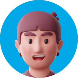 A 3D cartoon avatar of a man with short brown hair talking, set against a bright blue circular background.