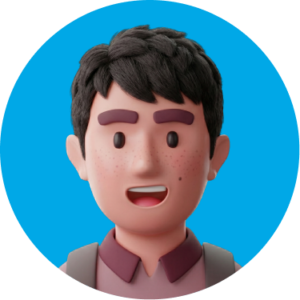 A 3D animated avatar of a young man with dark hair, freckles, and a collared shirt against a blue circular background.
